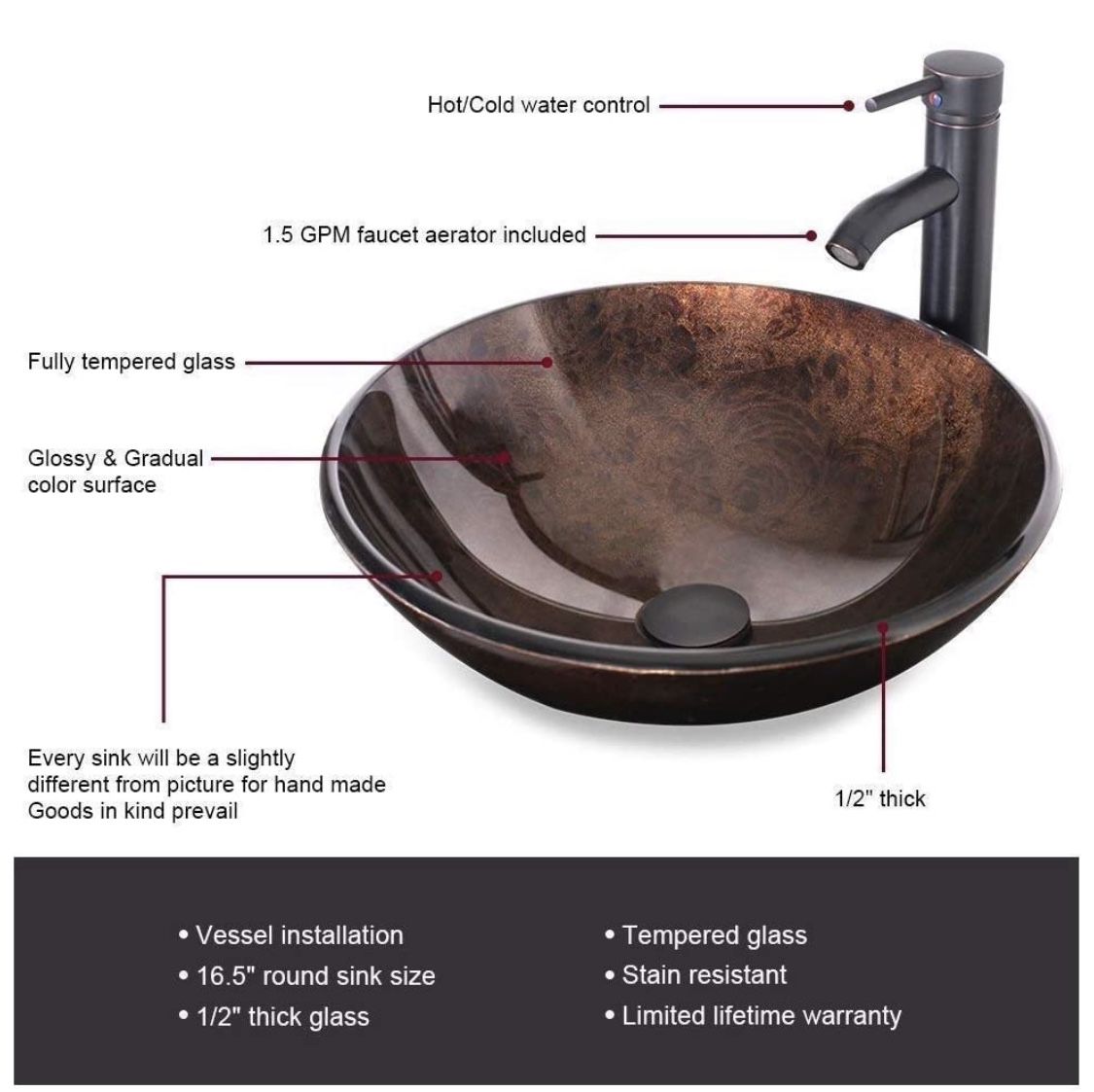 (NEW) Brown Round Tempered Glass Vessel Sink (Sink+Faucet Only)