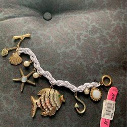 Betsey Johnson Charm Bracelet Seashell Starfish Nautical Theme Fish Charms