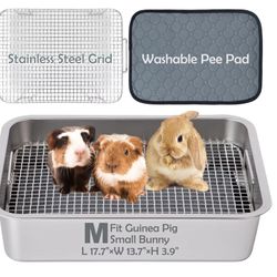 MEEXPAWS Guinea Pig Stainless Steel Litter Box with Raised Grid and Washable Pad,Small Bunny Rabbit Litter Pan High Side, Ferret Rat Litter Box, Small
