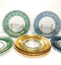 Vintage Glass Plates with Gold Trim Set of 8 Salad Plates Very Rare 8”.