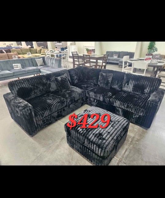 Black Cordrouy Sectional Sofa With Ottoman