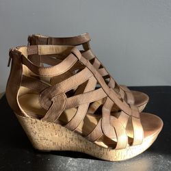 Women’s Nine West Tan/Beige Zipper Cork Wedge Sandals