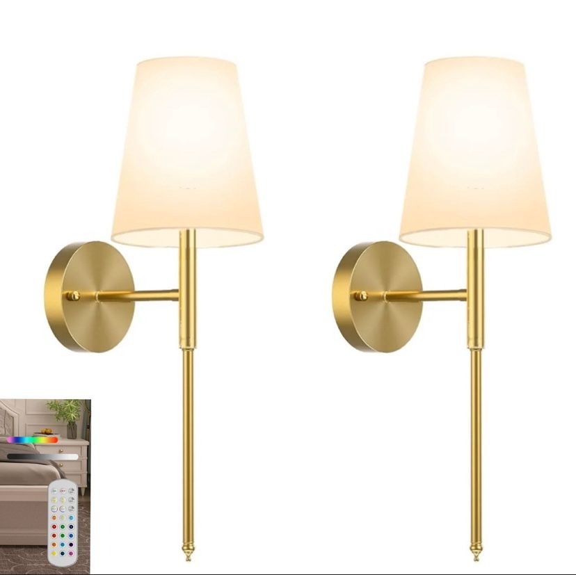 Battery Operated Wall Sconces Set of 2, Cordless Wall Lights with Rechargeable Bulbs and Remote, White Fabric Shade
