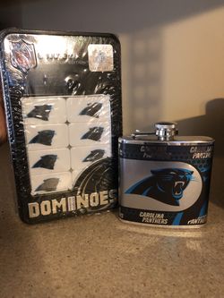 Carolina Panthers double six dominoes and 6 oz stainless steel flask