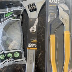 adjustable wrench ,pump pliers , safety goggles 