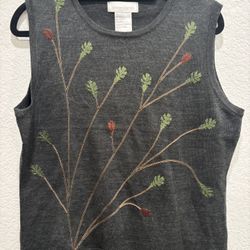 Vintage Pierre Cardin dark gray wool blend sleeveless sweater vest with floral embroidery.   