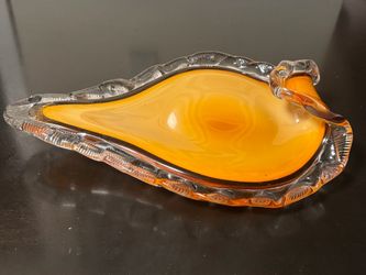 Beautiful Blown Glass Amber “Leaf” Shaped Tray