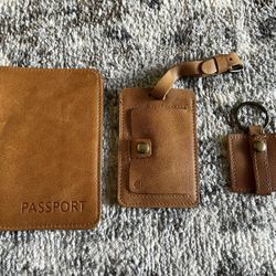 Genuine Leather Brown Passport Holder, Luggage Tag & Keychain