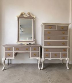 Vintage French Provincial Vanity, Mirror & Tall Dresser Set
