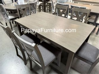 NEW 7 PIECE Dining Set Table and 6 Chair Grey Wood Finish Upholstered Cushion Kitchen Casual Contemporary Ashley Style Discount Clearance BIG SALE 