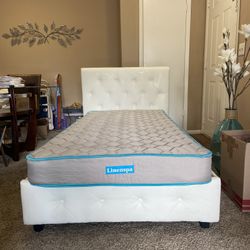 White Faux Leather Upholstered Bed Twin Size With Twin Extra Long Mattress