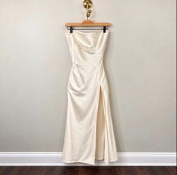 High Beauty Cream Satin Strapless Maxi Dress Slit A1209SET Small