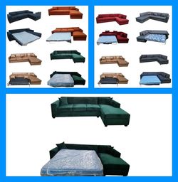 BRAND NEW 7X9FT AND 9X5.5FT SECTIONAL CHAISE SOFA WITH SLEEPER, Velvet Evergreen. CUSTOM Made AVAILABLE