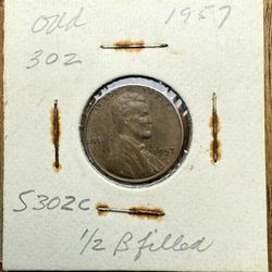 1957 Wheat Cent Penny Die Chip in "B" Mint Error 1/2 Filled B