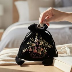 Vintage Kinchaku Style Bag Black Velvet Purse  Embroidered Drawstring 