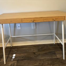 Modern Bamboo Desk / Console Table – 3 Drawers – White Legs