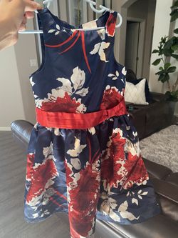 Girls dress navy blue with red and white