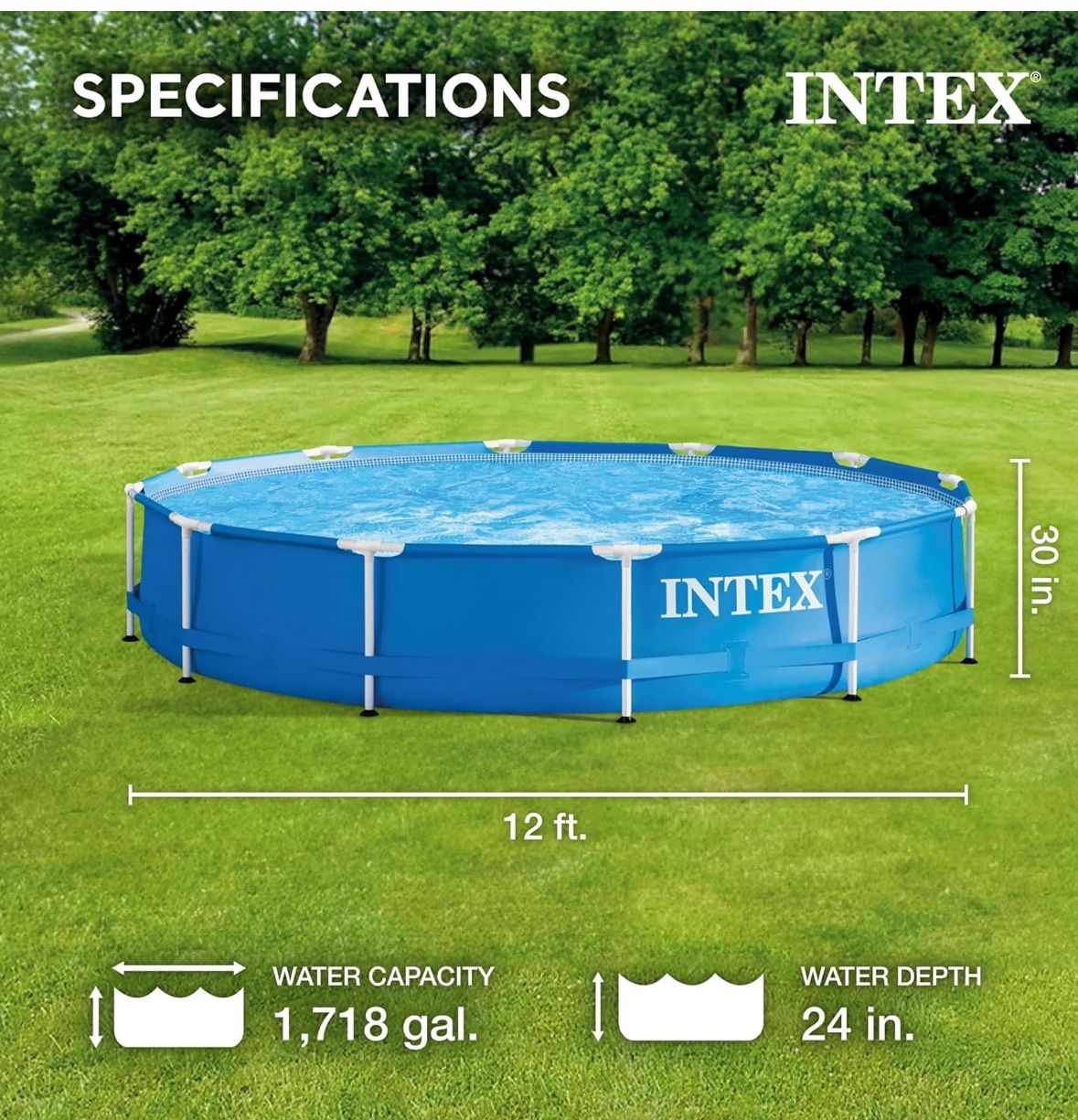 Intex 12' x 30" Round Metal Frame Outdoor Above Ground Swimming Pool Set with filter pump and 42 Inch Steel Pool Ladder