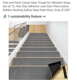 Peel and Stick Carpet Stair Treads for Wooden Steps Set of 15, Non Slip Adhesive Jute Stair Mats Indoor, Rubber Backing Safety Step Pads Mats, Grey, 8
