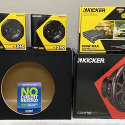 New 12” inch Kicker CVR 800 Watts Subwoofer + Kicker 800 Watts Monoblock Amp + (4) 6.5” Speakers + Truck Box {No Credit Easy Financing} 🔊🔥