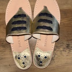 NEW Jack Rogers metallic gold leather sandals with black ribbon bows