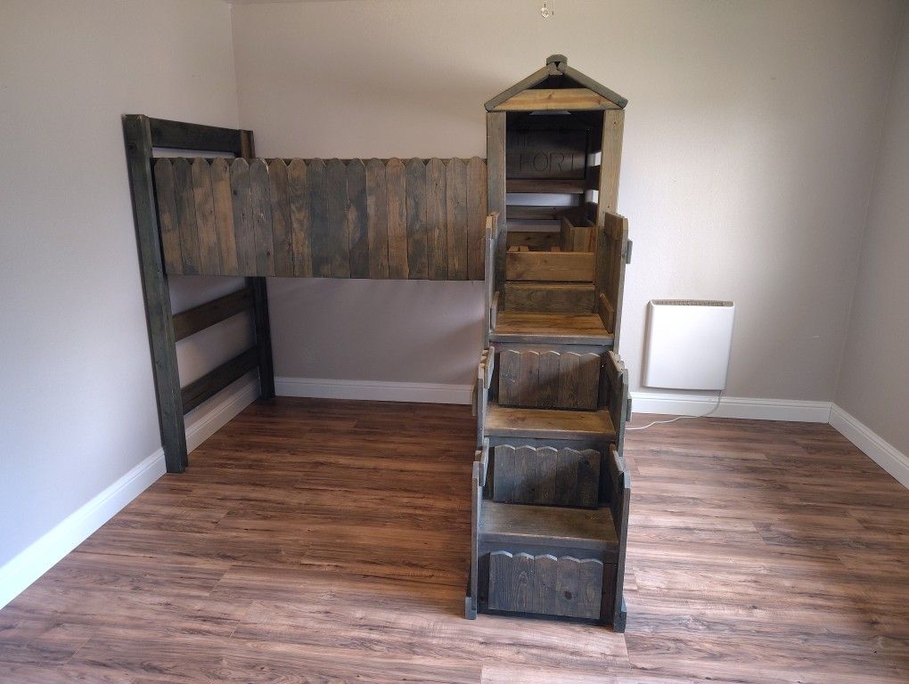 Childs "The Fort" Loft Bed & 5 Drawer Dresser And 4 Storage Shelves