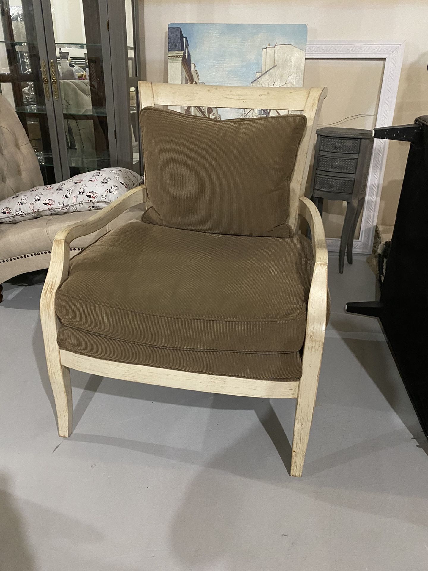 Whitewashed Sitting Chair With Brown Cushions MSRP $695