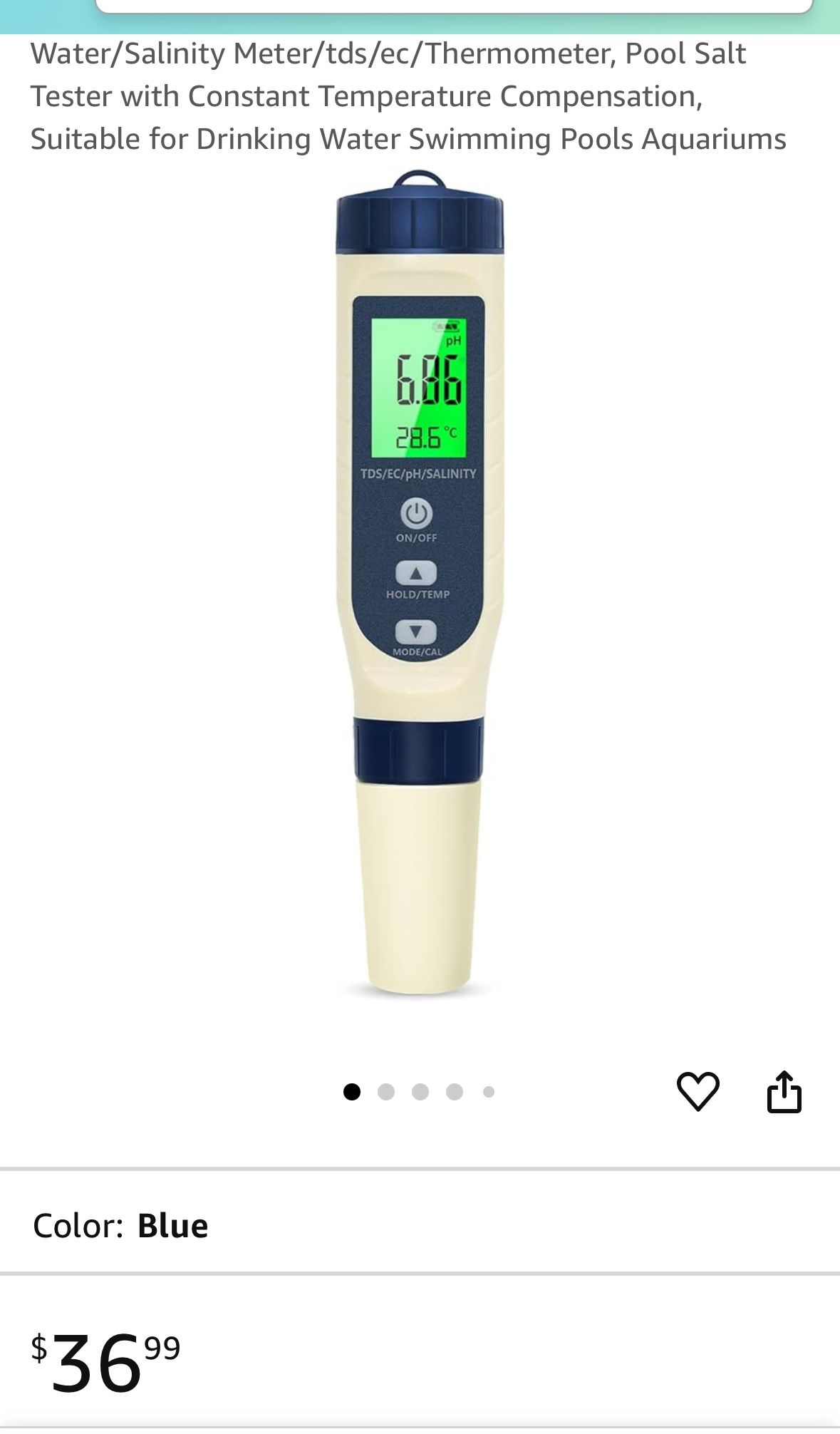 PH Tester Digital, 5 in 1 PH Meter for Water/Salinity Meter/tds/ec/Thermometer, Pool Salt Tester with Constant Temperature 