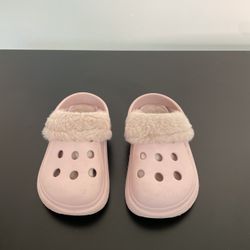 Pink fuzzy crocs