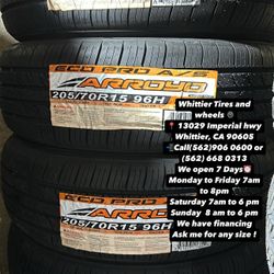 SET OF NEW TIRES, 205/70R15 ARROYO, INCLUDING MOUNTING AND BALANCING. ASK ME FOR ANY SIZE OR BRAND