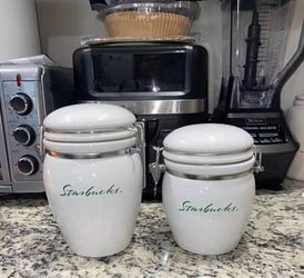 2 Starbucks Coffee Or Tea Canister White Ceramic w/ Green Script $60 for both must pick up