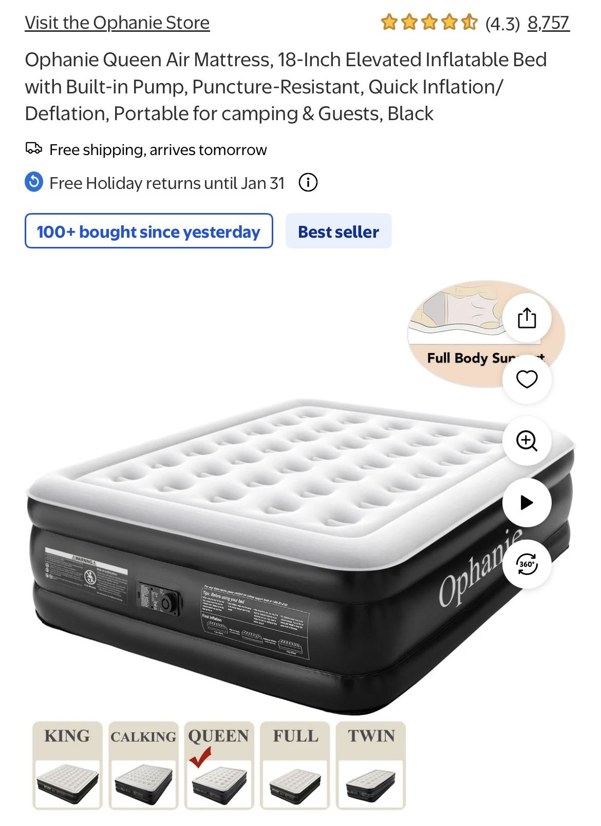 Ophanie Queen Air Mattress, 18-Inch Elevated Inflatable Bed with Built-in Pump, Puncture-Resistant, Quick Inflation/Deflation, Portable for camping &