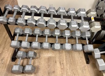 Set of Hex Cast Iron Dumbbells 10s to 55s In NEW Condition. Total: 650 pounds [NO RACK /being sold already]