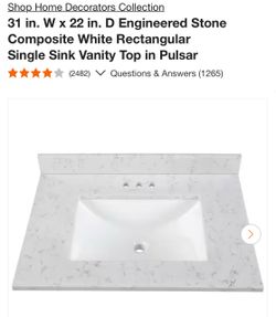 31x22 Engineered Stone White Single Sink Vanity Top