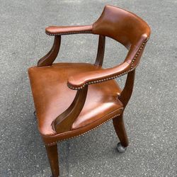 Antique Mid Century Accent Gentleman Office Armchair Wood And Leather Club Chair