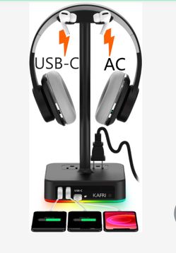 KAFRI RGB Headphone Stand With USB A&C Charger Desk Gaming Headset Holder Hanger Rack With 3 USB Charging Port And 2 Outlet - Suitable For Gamer Deskt