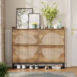 Rustic Oak Bamboo Cane Shoe Storage