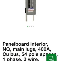 Panelboard interior, NQ, main lugs, 400A, Cu bus, 54 pole spa 1 phase, 3 wire, 240VAC, 48VDC