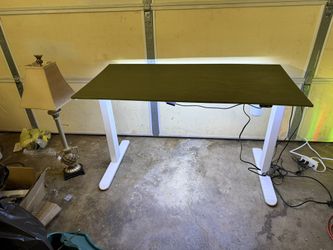 Sit To Stand 48 X 24 Electric Desk With Green Wooden Top With LED lights Underneath White Base