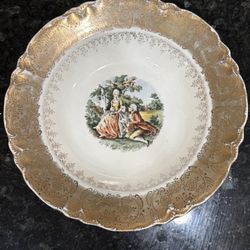 Homer Laughlin Victorian Romantic Scene Gilt Porcelain Bowl Floral Gold 9"