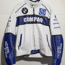 VINTAGE 90s  GENUINE LEATHER  BMW/ COMPAQ/CASTROL/RACING LEATHER JACKET  ARMORED MENS SIZE XL 