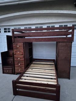 Solid Wood Twin Size Bunk Bed Frame
with Reading Desk,Bookshelves and stairs cabinet, lots of drawers for storage/ clothes