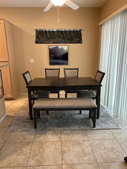 Stylish Gray Dining Set - Table, 4 Fabric Chairs & Bench