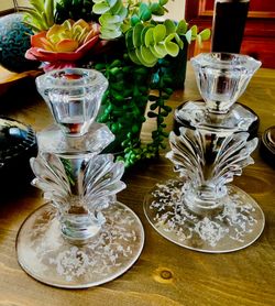 VINTAGE FOSTORIA DEPRESSION GLASS CANDLEHOLDERS 