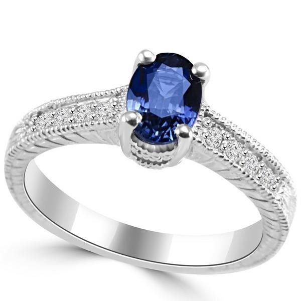 Oval Cut Blue Sapphire With Round Diamond Ring White Gold 14K