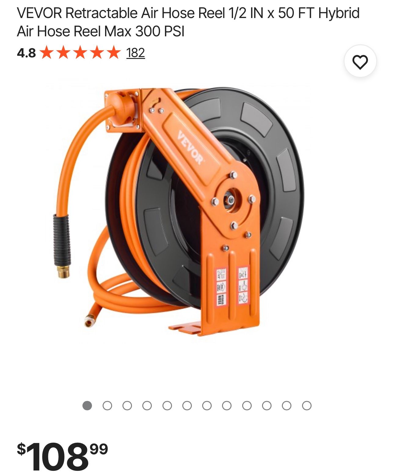 VEVOR Retractable Air Hose Reel 1/2 IN x 50 FT Hybrid Air Hose Reel Max 300 