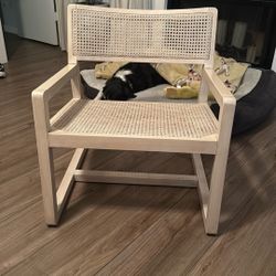 Pair of CB2 Makan White Wood Armchairs With Caned Seat And Back. 