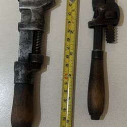 2 - Vintage Wood Handled Wrenches --- P. S & W Monkey Wrench 6.75" + Stillson Pipe Wrench 6"