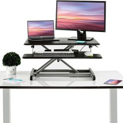 Seville Classics Airlift Height Adjustable Sit Desk Converter Workstation Standing Ergonomic Dual Monitor Riser with Keyboard Tray, Compact 30", Onyx