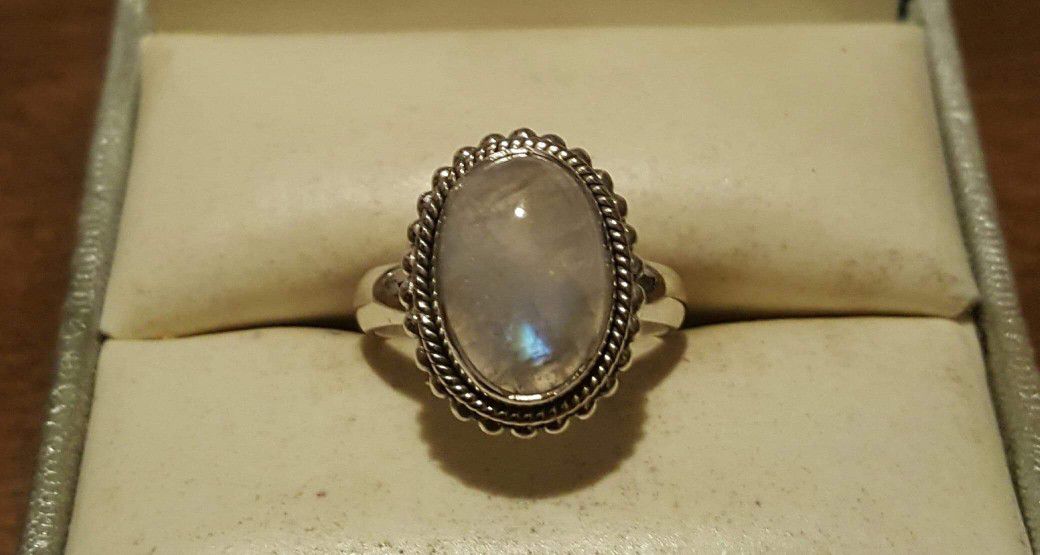 925 Sterling Silver Moonstone Beaded Ring.